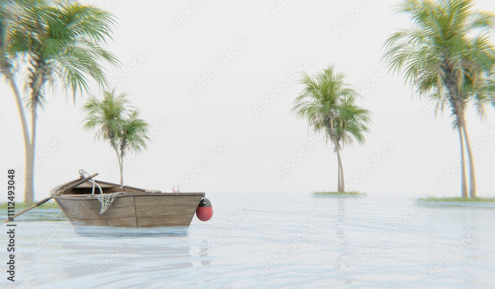 Naklejka premium Wooden boat floating in the sea, sunset, 3D illustration