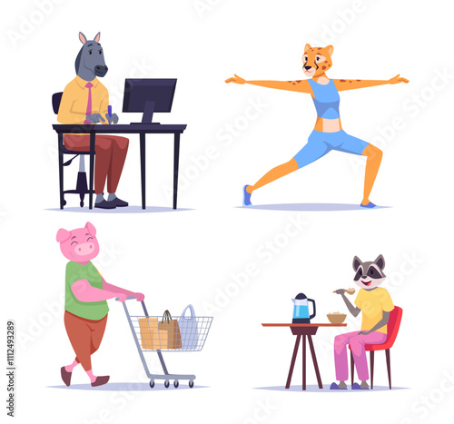 Animals casual people. Anthropomorphic characters with shopping cart, working with a desktop compute, sports stretching, breakfast