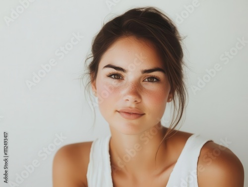 young woman with glowing skin in a serene white studio, representing beauty and aesthetic procedures, soft lighting enhances the radiant and flawless look