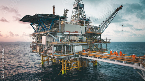 Offshore Oil and Gas Platform - Industrial Energy Facility with Marine Drilling Rig, Petroleum Extraction Operation, Ocean-Based Infrastructure, Dramatic Sky, High-Impact Energy Scene, Engineering 