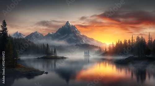 Sunrise over the horizon, painting the sky in soft pinks and oranges, with a peaceful lake reflecting the colors, surrounded by forests and distant mountains bathed in the first light of day. 