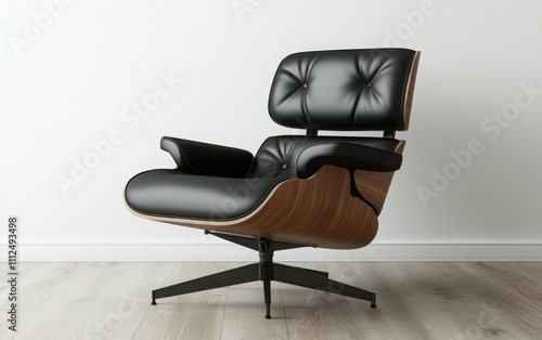 A sleek black frame mockup positioned on an Eames chair, with a blank white canvas and wooden legs, set against a simple background photo