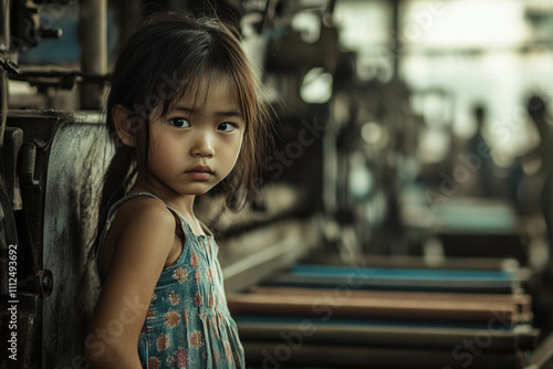 Sad Asian small girl working in textile factory. Illegal child labor and exploatation kids on hardship. Photo photo