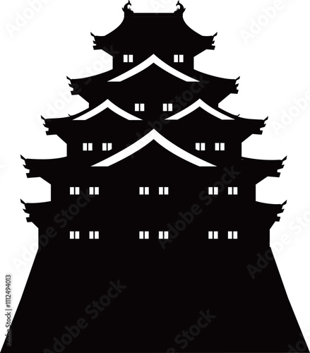 日本の城　五重五階の天守の白黒シルエットイラスト