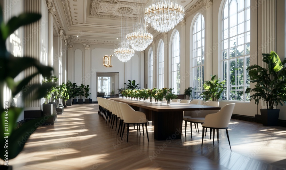 Elegant conference room with a long table and lush plants. Elegant conference room with a long table and lush plants.