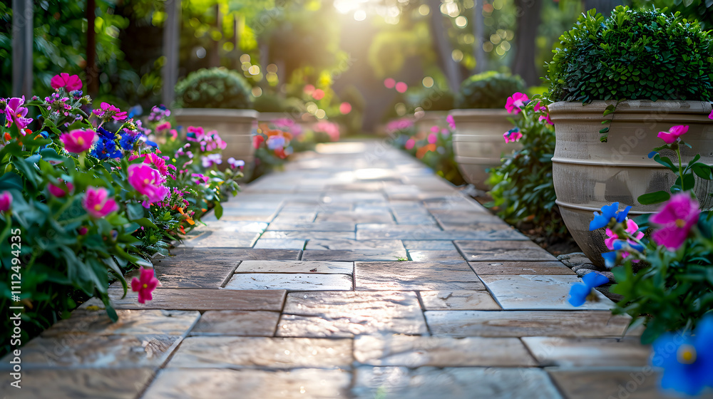 Serene Garden Pathway with Colorful Flowers and Natural Light Serene Garden Pathway with Colorful Flowers and Natural Light