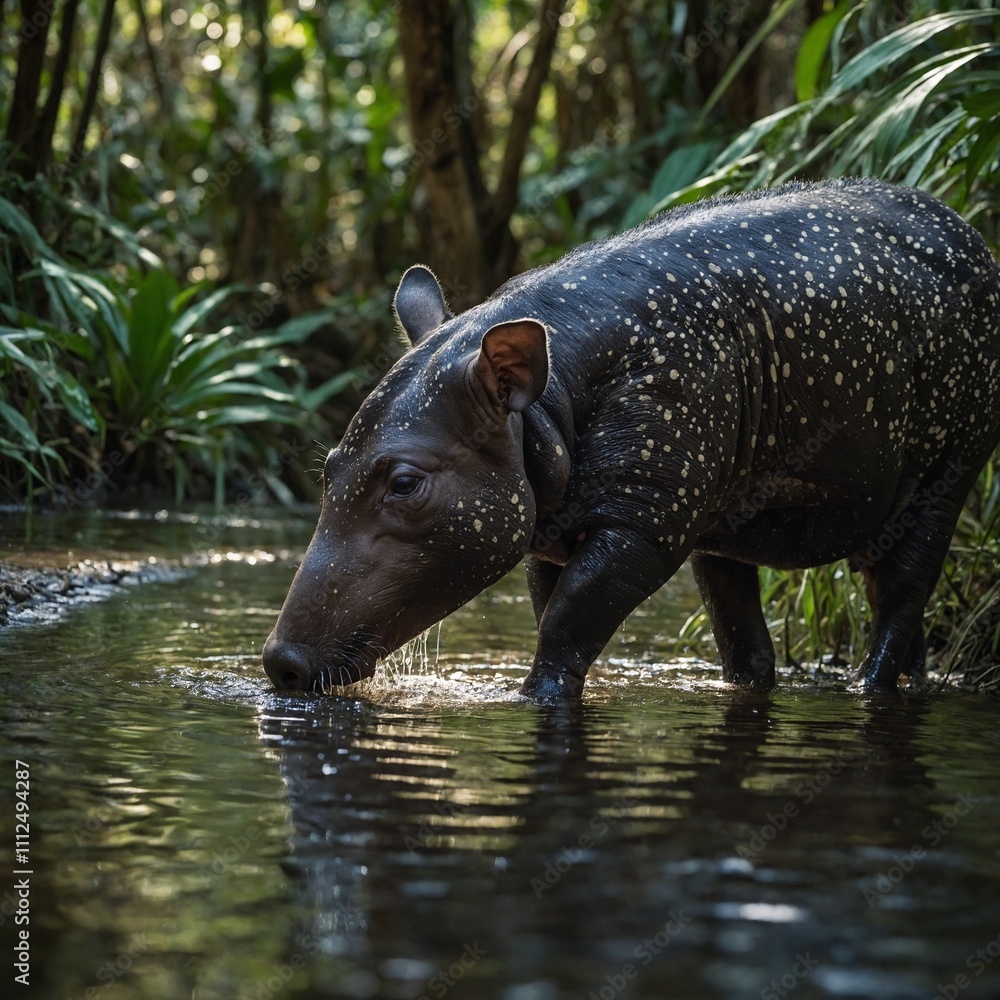 A tapir drinking from a shimmering jungle stream.
A tapir drinking from a shimmering jungle stream.