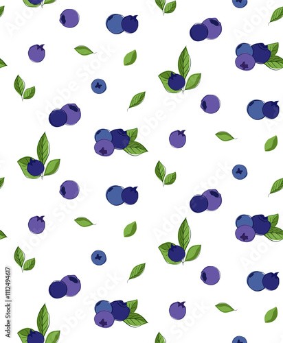 Seamless vector pattern of blueberries and leaves on transparent background. For fabric, wallpaper, wrapping paper, card