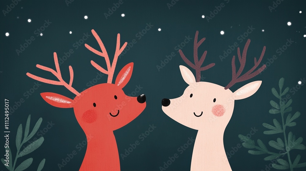 Charming Children’s Bedtime Story Illustration With Two Cute Deer Characters Under Starry Sky In Whimsical Style For Kids Holiday Book Cover Or Greeting Card Design Charming Children’s Bedtime Story Illustration With Two Cute Deer Characters Under Starry Sky In Whimsical Style For Kids Holiday Book Cover Or Greeting Card Design