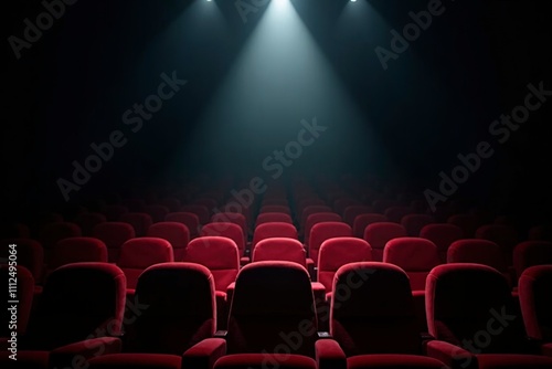 Empty movie theater with spotlight casting a solitary beam on the stage, symbolizing the power of imagination and the potential for new beginnings in a quiet, reflective space.