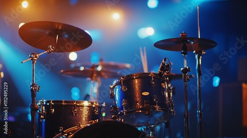 A drum set stands ready for performance, illuminated by colorful stage lights, creating an energetic atmosphere before a live music show begins