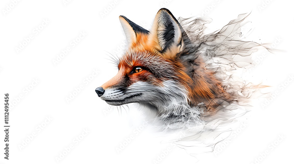 Fototapeta premium A beautiful red fox with a bushy tail, peering curiously into the camera, its fur and sharp features standing out against the white background. Ultra-Realistic, Photo Realistic, highly detailed, 