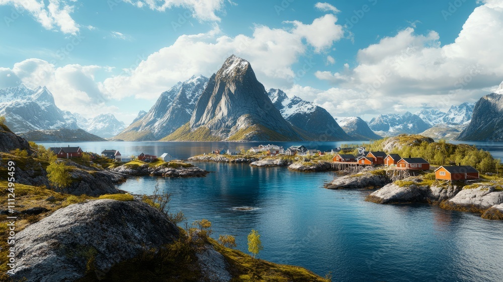 A tranquil fjord landscape showcases clear blue waters surrounded by rugged mountains and quaint coastal cabins. The scene reflects a peaceful atmosphere with vibrant greenery A tranquil fjord landscape showcases clear blue waters surrounded by rugged mountains and quaint coastal cabins. The scene reflects a peaceful atmosphere with vibrant greenery