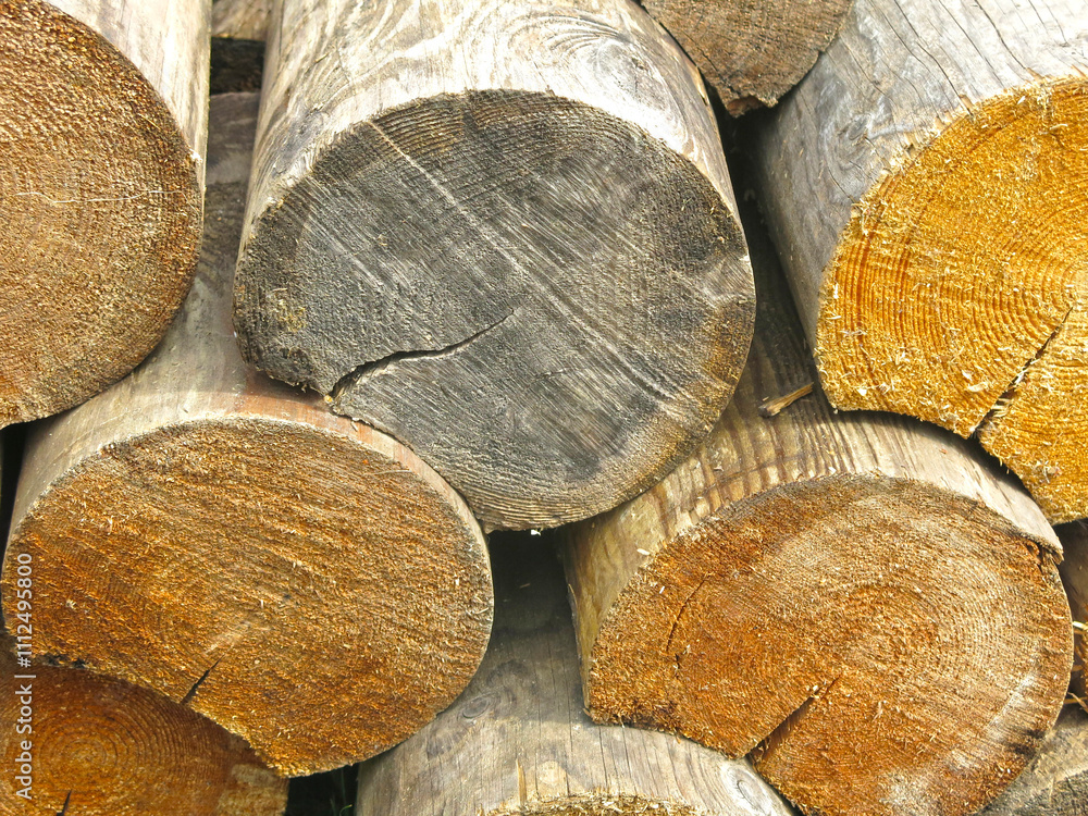 Naklejka premium sawn round logs lie on top of each other 