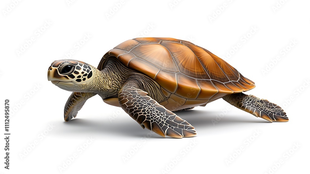 Fototapeta premium A graceful sea turtle with intricate patterns on its shell, gliding serenely against a plain white backdrop that draws attention to its calm demeanor. Ultra-Realistic, Photo Realistic, highly 