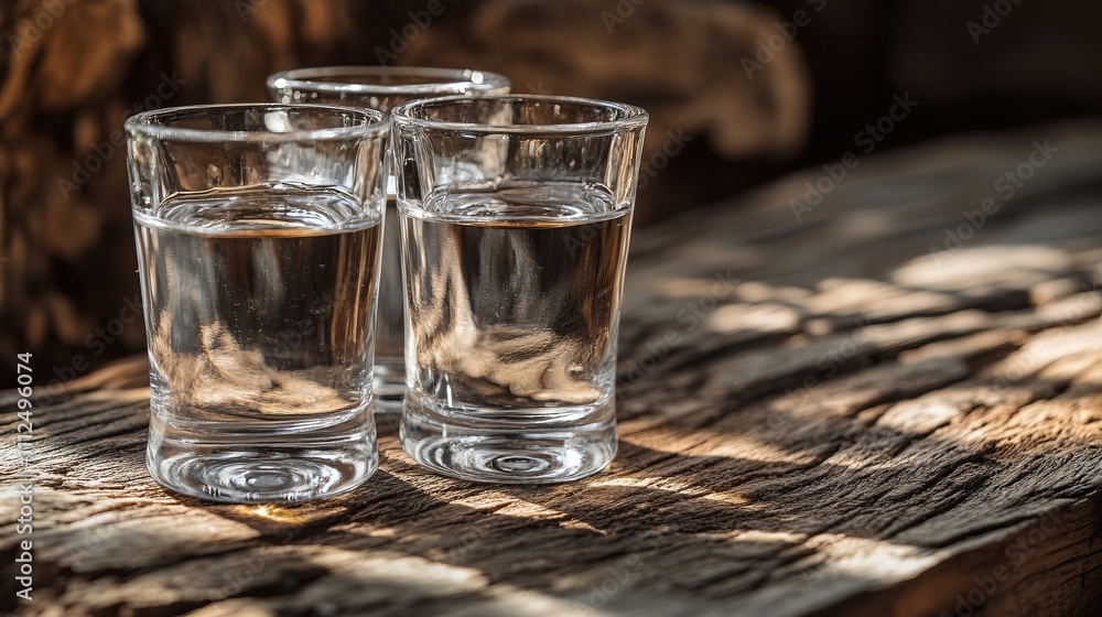Three clear glasses filled with water are placed on a rustic wooden table. The gentle sunlight creates a warm ambiance, casting soft shadows around the glasses Three clear glasses filled with water are placed on a rustic wooden table. The gentle sunlight creates a warm ambiance, casting soft shadows around the glasses