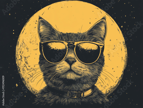 The cat wore sunglasses under the moon