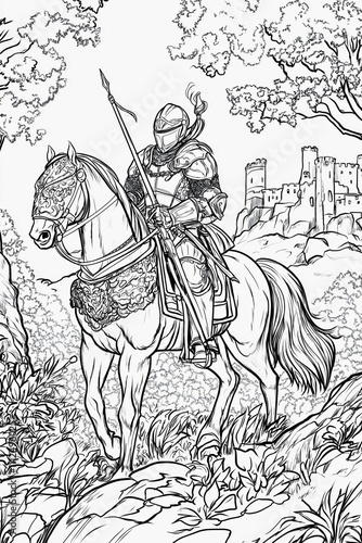 Medieval knight riding horse coloring page illustration, fairytale warrior with armor outline drawing, royal castle storybook character design