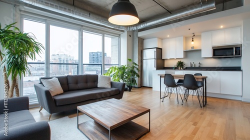 Modern apartment interior with kitchen and living area.