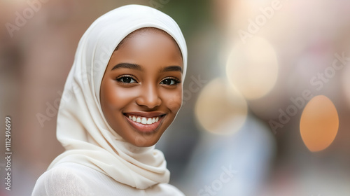 Smiling young Muslim woman in a hijab radiating positivity, beauty, and cultural pride, embodying the timeless elegance of tradition while celebrating individuality and the spirit of modern confidence