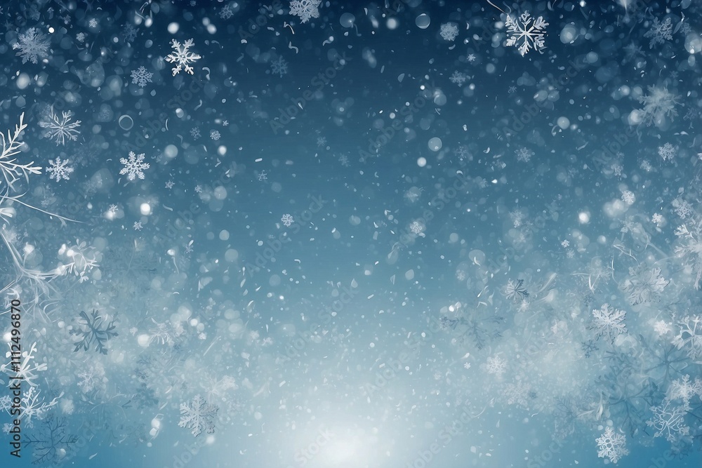Fototapeta premium Christmas Background with Falling Snowflakes and Stars in Silver-Light Blue Tones