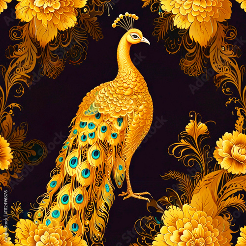 Golden Peacock with Floral Ornament Generative AI  photo