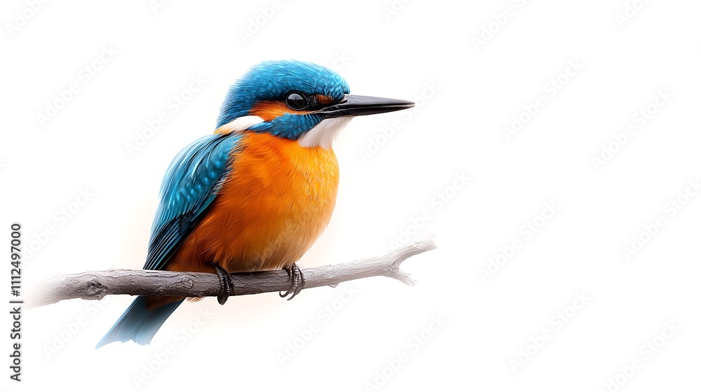 Obraz premium A vibrant kingfisher with striking blue and orange feathers, perched elegantly on a branch, captured against a smooth white backdrop. Ultra-Realistic, Photo Realistic, highly detailed,
