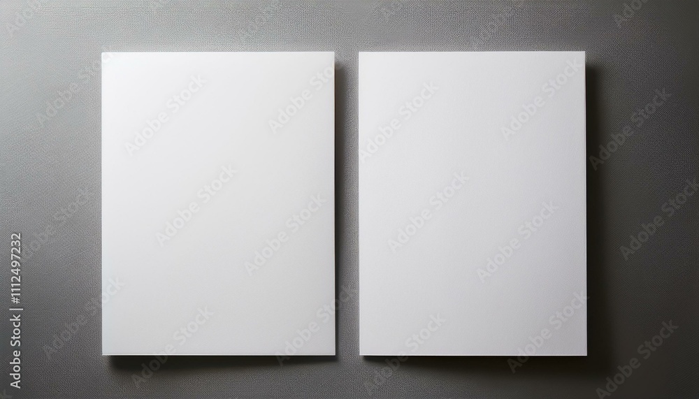 2 vertical sheets of textured white paper on soft gray table background 2 vertical sheets of textured white paper on soft gray table background