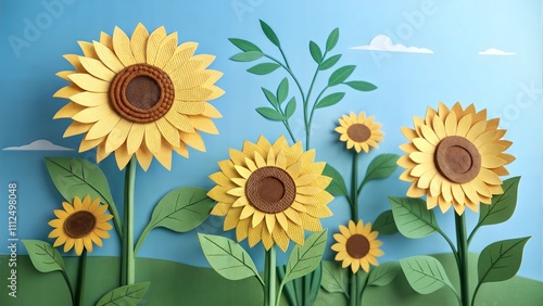 Colorful paper art of sunflowers with green leaves on a blue sky background
