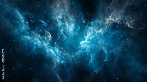 Star formation in a nebula with gaseous tendrils in various shades of cyan and blue