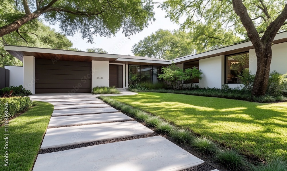 Modern home with landscaped garden and pathway. Modern home with landscaped garden and pathway.