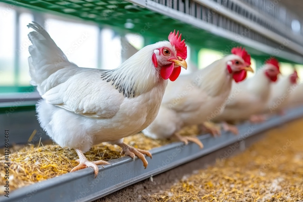 Fototapeta premium White hens in poultry farm on straw and feeder, representing modern agriculture.