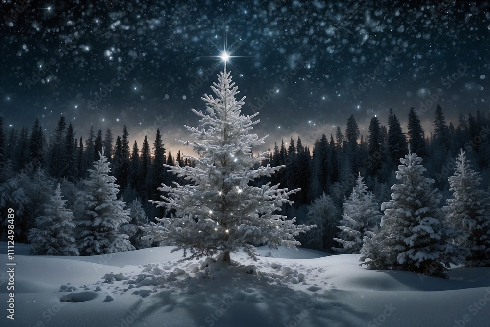 Silver Christmas Tree in a Snowy Forest Under a Starry Night Sky with Falling Snowflakes Silver Christmas Tree in a Snowy Forest Under a Starry Night Sky with Falling Snowflakes