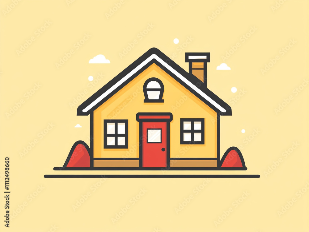 A house with a simple door, window and a chimney. The house is situated on a yellow background.