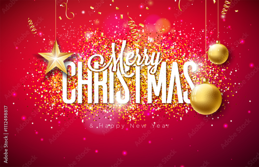 Naklejka premium Merry Christmas and Happy New Year Illustration with Glittered Typography Letter, Gold Glass Ball and Falling Confetti on Shiny Red Background. Vector Holiday Season Design for Greeting Card, Party