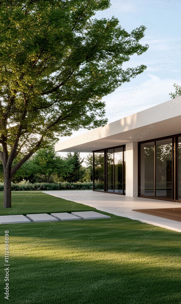 Modern house exterior with landscaped garden and trees. Modern house exterior with landscaped garden and trees.