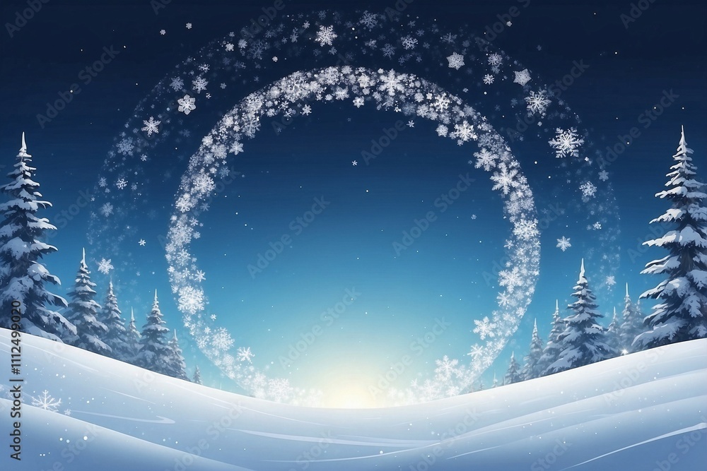 White Empty Circle Surrounded by Snowflakes on a Blue Background