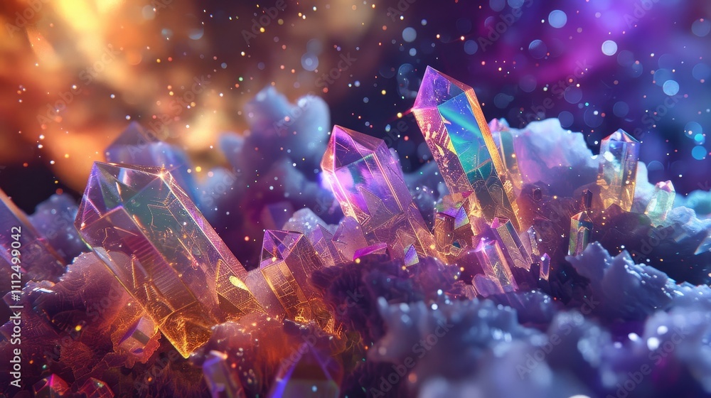 Vibrant crystals glowing with iridescent colors rise from a bed of nebula clouds, creating a magical and otherworldly scene Vibrant crystals glowing with iridescent colors rise from a bed of nebula clouds, creating a magical and otherworldly scene