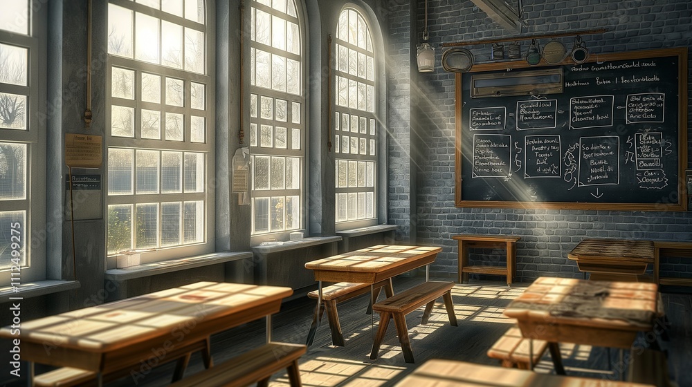 An old-school classroom with wooden desks, a chalkboard filled with writing, and sunlight filtering through tall windows casting long shadows. 32k, full ultra hd, high resolution An old-school classroom with wooden desks, a chalkboard filled with writing, and sunlight filtering through tall windows casting long shadows. 32k, full ultra hd, high resolution