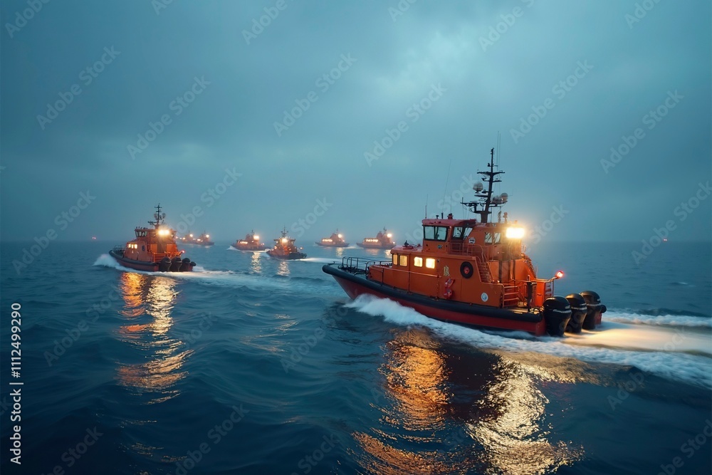 Fototapeta premium Rescue boats navigate through expansive waters, symbolizing hope and determination in the face of vast challenges.
