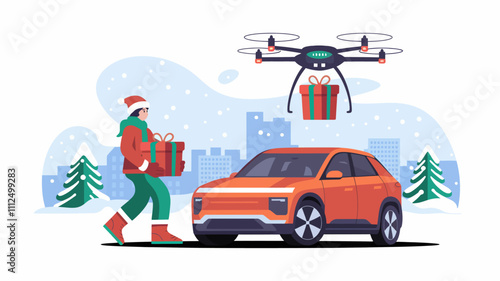 A person dressed in winter attire holding a gift box near a modern EV car, with a drone hovering above carrying another gift, set against a snowy Christmas background.