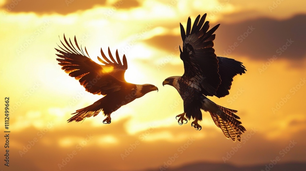 Fototapeta premium An eagle and a falcon clashing mid-air against a dramatic sunset sky, their talons locked as feathers fly, representing the high stakes of competition
