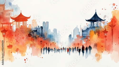 Goldenhued watercolor of a joyful lion dance parade winding through crowded streets photo