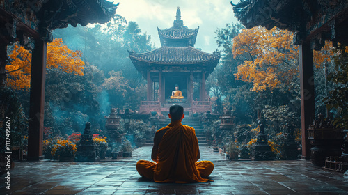 Buddhist monk in orange robe praying in temple, Buddhism, religion, faith, Asia, India, man believing in Buddha, Tibet, guru, lama, spirituality, meditation