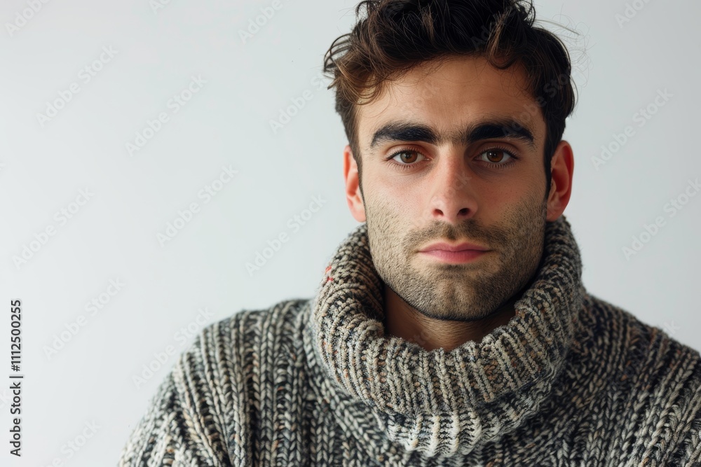 Portrait of a tender man in his 30s dressed in a warm wool sweater on white background Portrait of a tender man in his 30s dressed in a warm wool sweater on white background