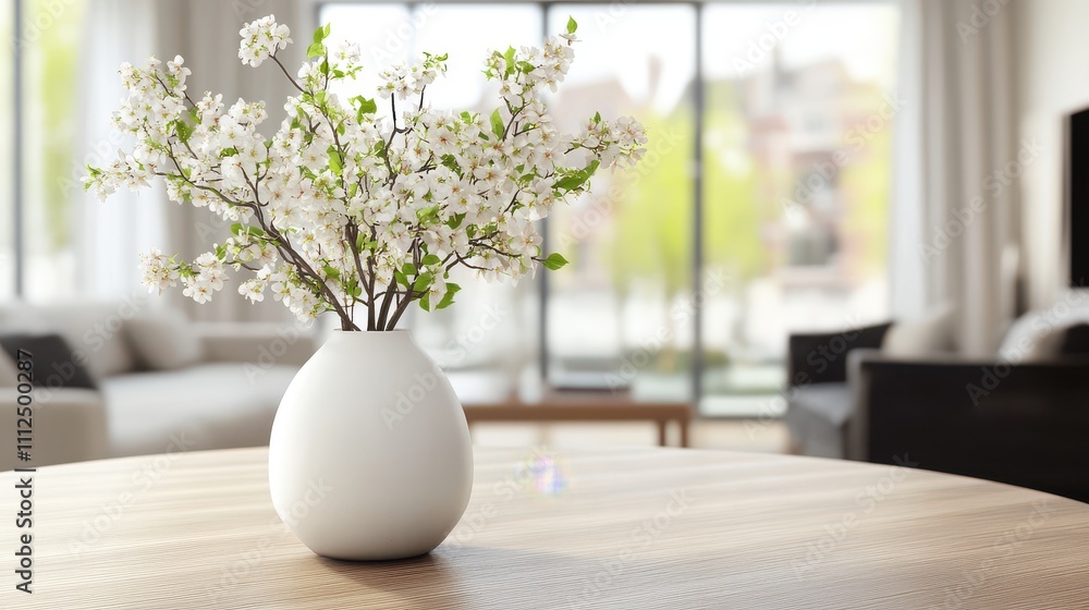 Elegant Floral Arrangement in White Vase on Table Surrounded by Modern Interior Design with Natural Light Streaming Through Large Windows Elegant Floral Arrangement in White Vase on Table Surrounded by Modern Interior Design with Natural Light Streaming Through Large Windows