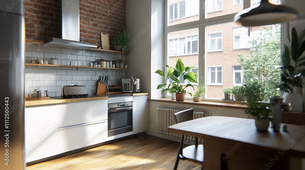 Modern kitchen with natural light and plants. Modern kitchen with natural light and plants.