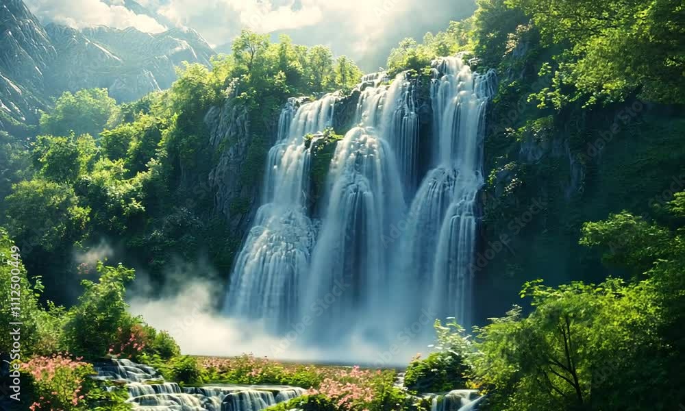 A serene waterfall cascading through lush greenery and vibrant flowers, creating a tranquil scene. A serene waterfall cascading through lush greenery and vibrant flowers, creating a tranquil scene.