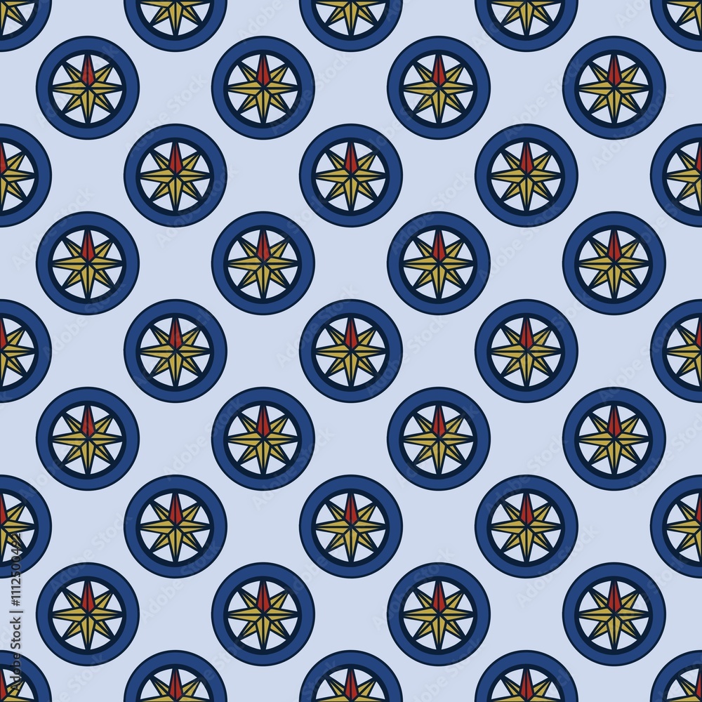 Seamless Pattern: Small Wind Rose on Light Blue Background