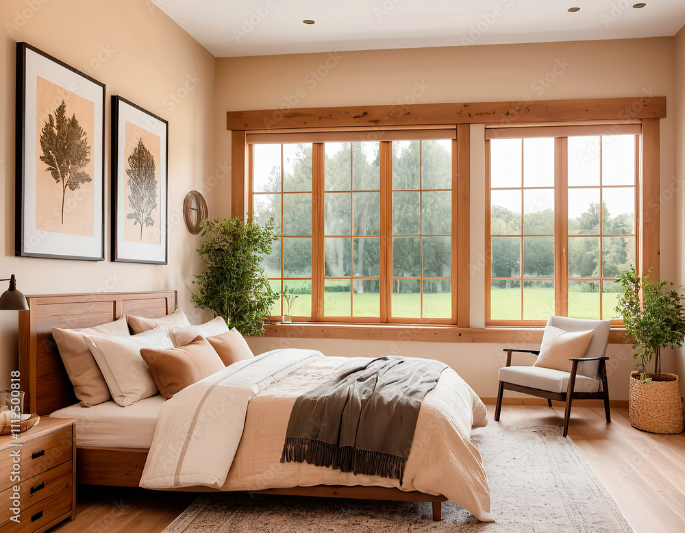 Fototapeta premium Country house, rustic style, modern bedroom with soft bedding and natural light.